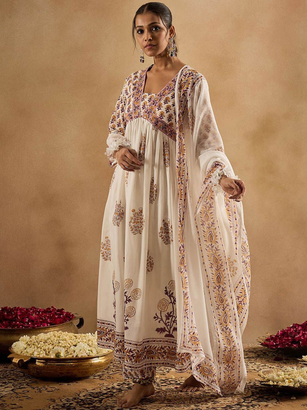 Indo Era Women Floral Printed Empire Pure Cotton Kurta with Trousers & With Dupatta | Grocsy