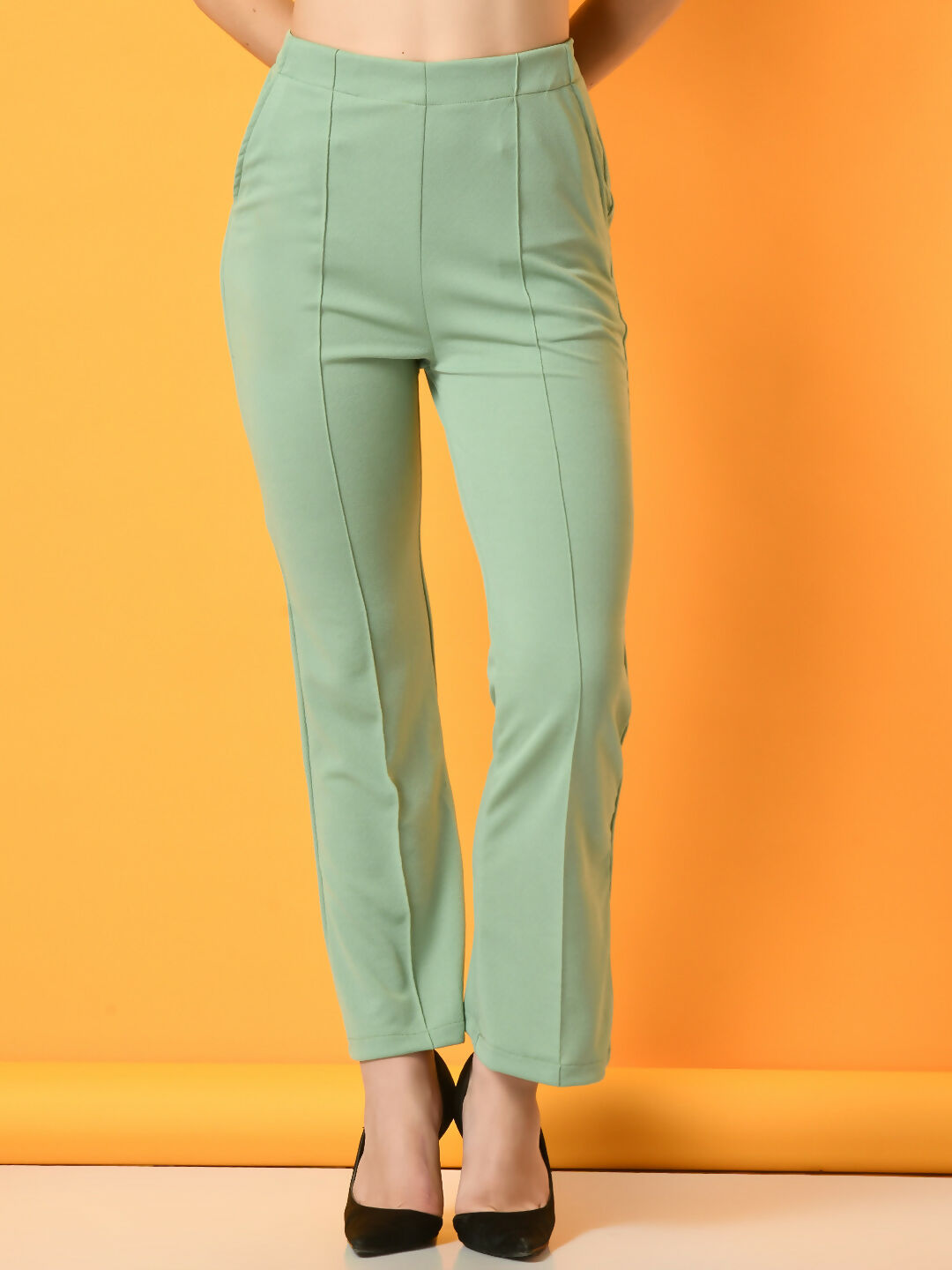 Myshka Women's Green Solid Coat With Trousers | Grocsy