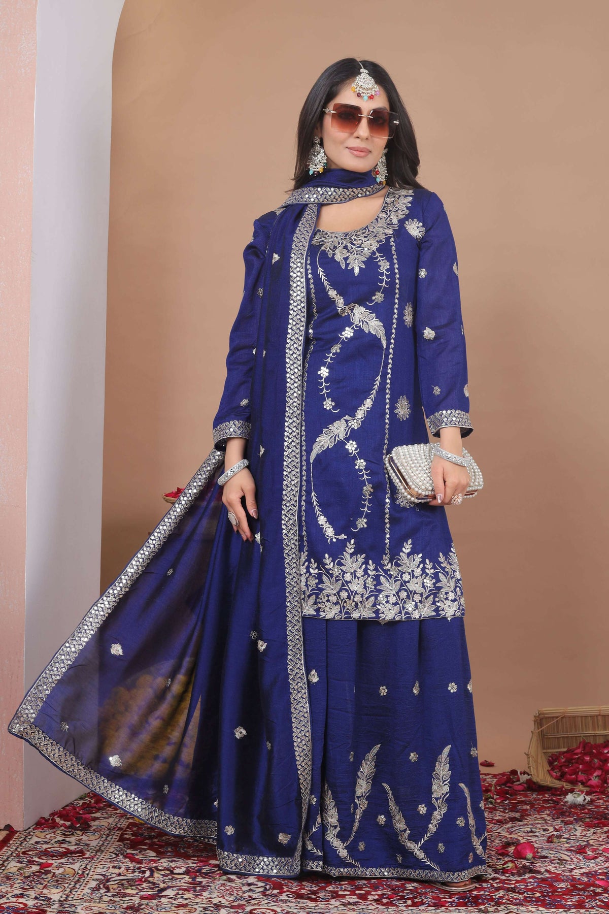 The52 Women's Gorgeous Embroidery Work Vichitra Blooming Fabric Straight Kurta Sharara and Dupatta Set-Blue | Grocsy