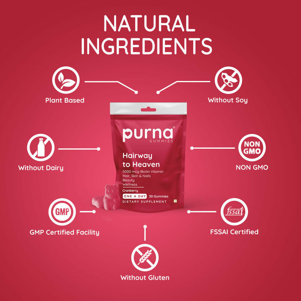 Purna Gummies Biotin Cranberry Flavour Gummies with Vitamin B 12 for Stronger Hair and Nails | Grocsy