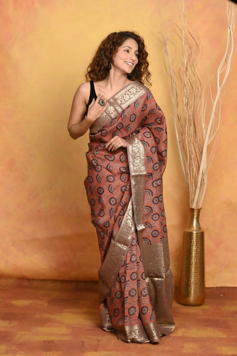 Very Much Indian Modal Silk Ajrakh Handblock Printed Natural Dyes With Designer Border Saree - Red | Grocsy