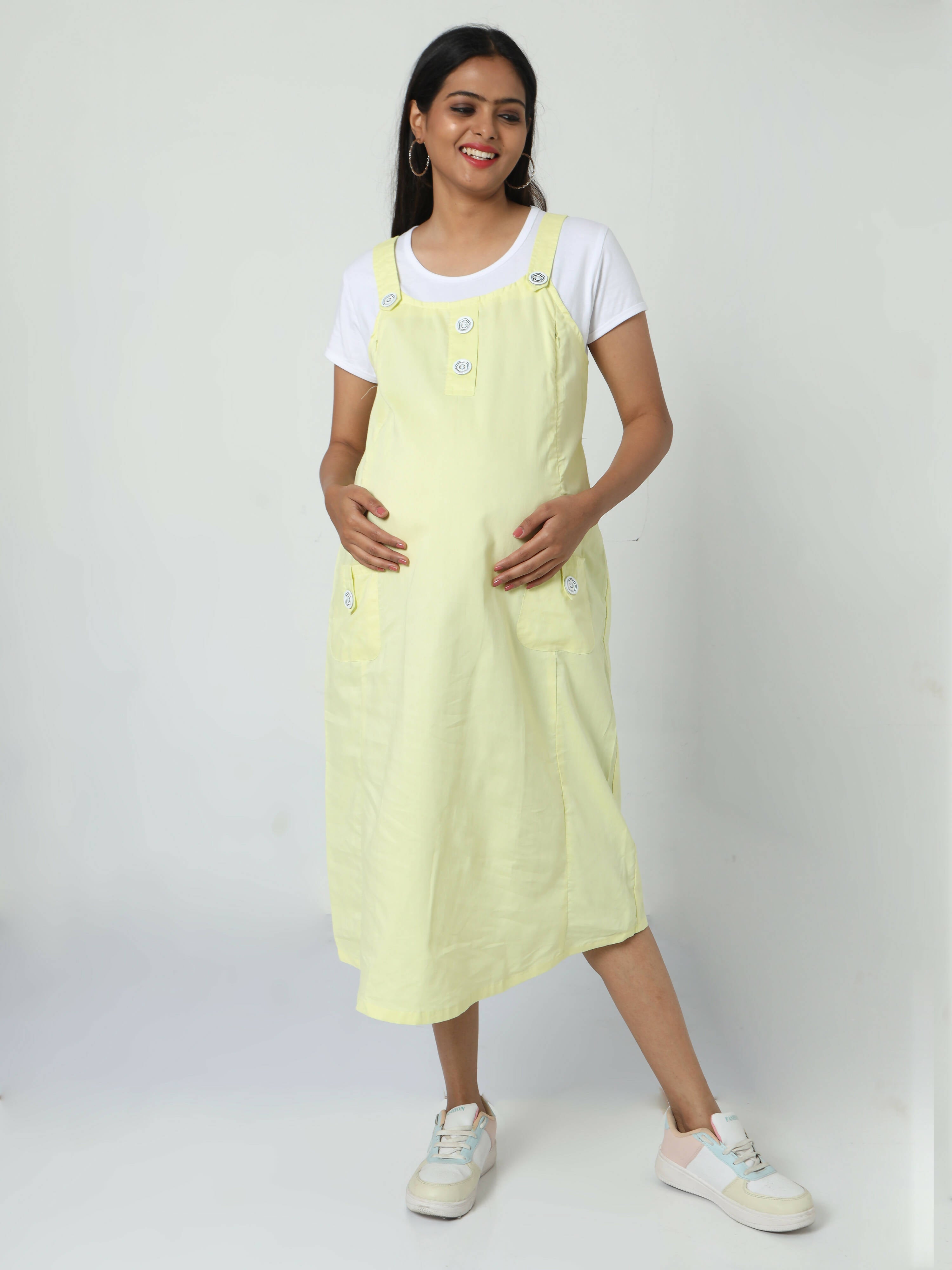 Manet Half Sleeves Solid Maternity Dress With Concealed Zipper Nursing Access - Yellow | Grocsy
