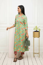 Myshka Women Green Floral Rayon A-Line Round Neck Kurtas | Grocsy