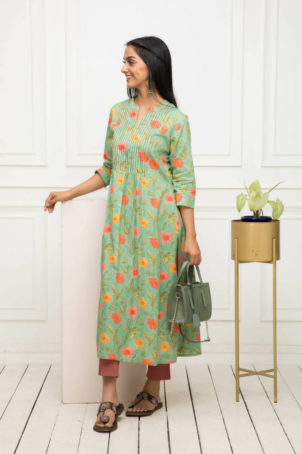 Myshka Women Green Floral Rayon A-Line Round Neck Kurtas | Grocsy