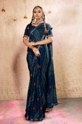 Navy Blue Georgette Bandhni Printed Saree With Unstitched Blouse Piece - Shanaya | Grocsy