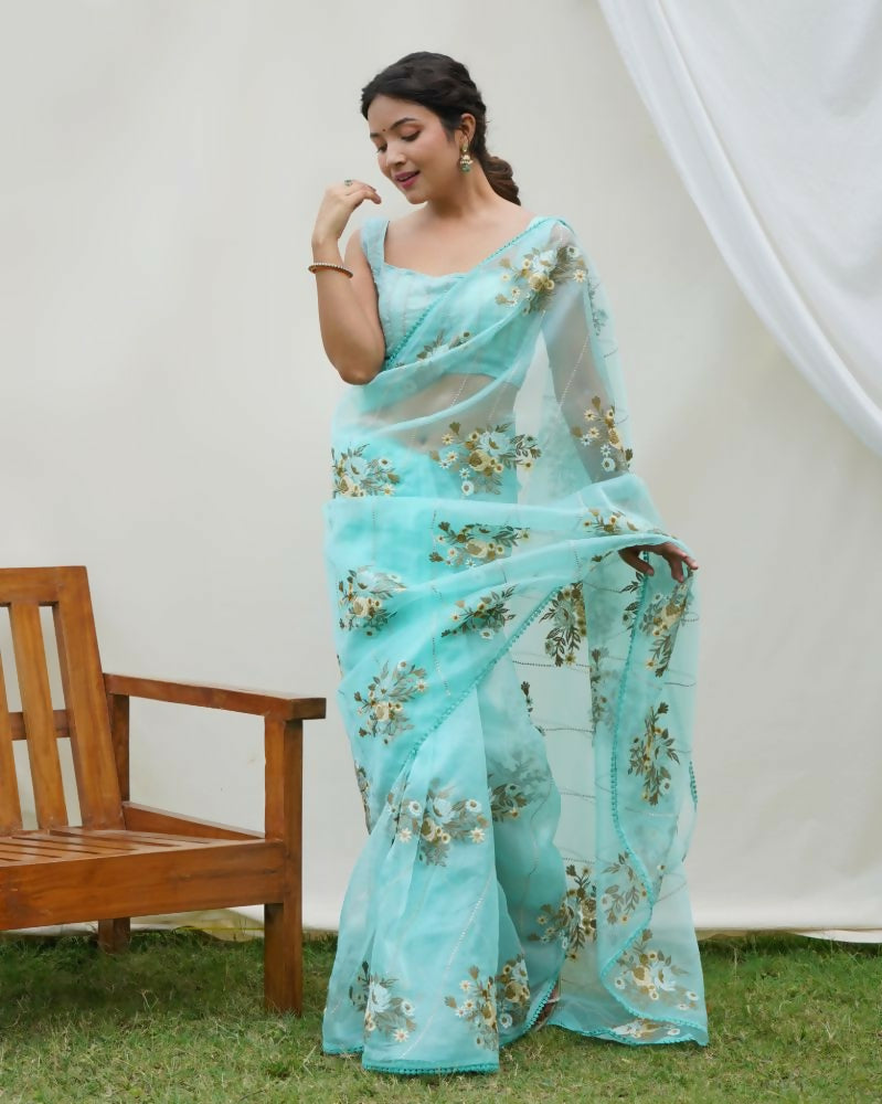 Vamsee Anamika Sky Organza Silk Saree | Grocsy