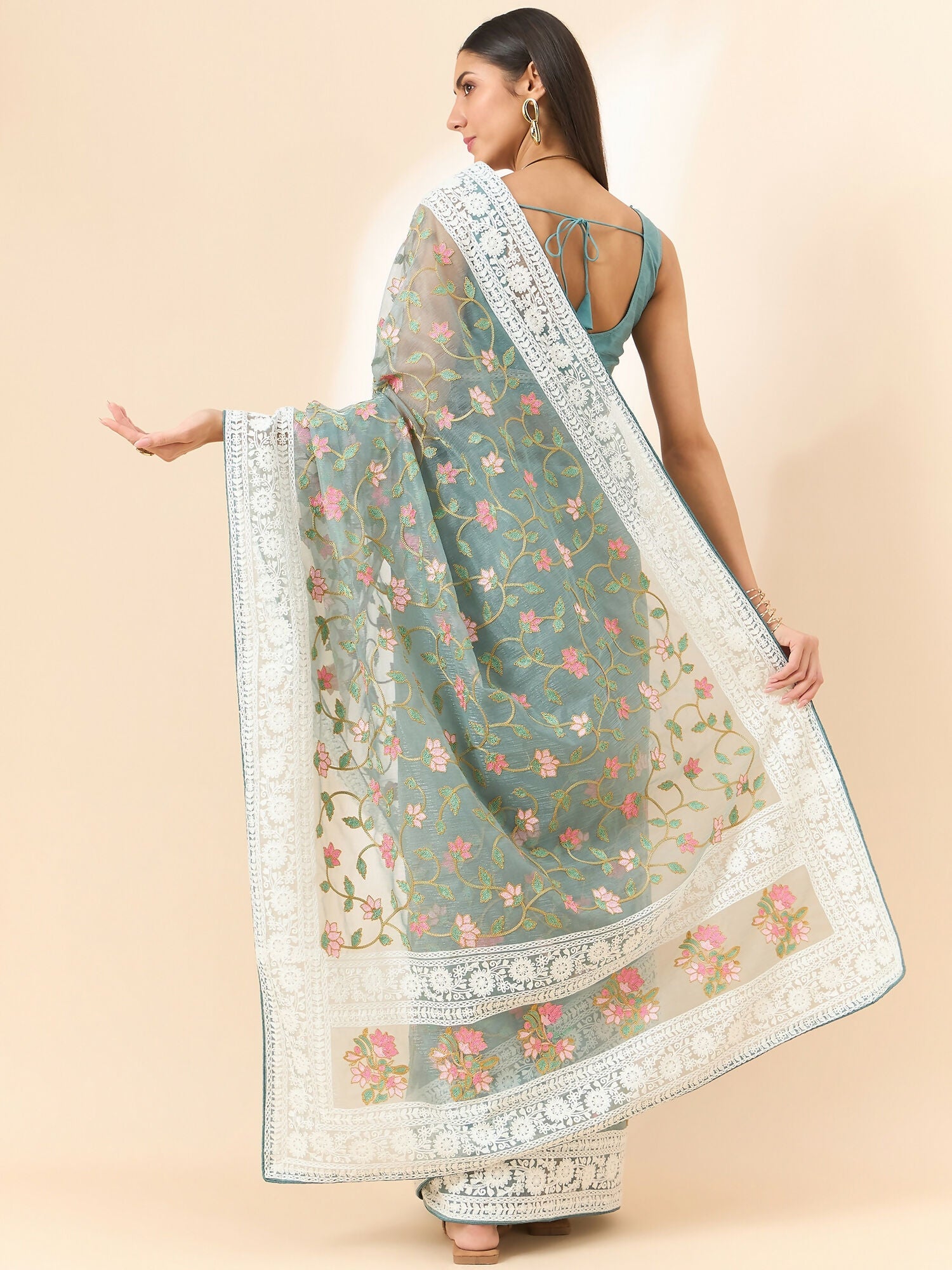 Blue Organza Floral Embroidered Saree with Unstitched Blouse Piece - Roozal | Grocsy