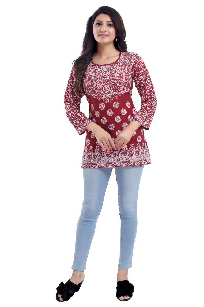 Snehal Creations Rust Faux Crepe Short Kurti Tunic | Grocsy