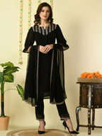 Myshka Women's Black Georgette Kurta & Trousers With Dupatta Party Sets | Grocsy
