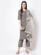 Myshka Grey Color cotton Printed Kurta With Palazzo Dupatta Set | Grocsy
