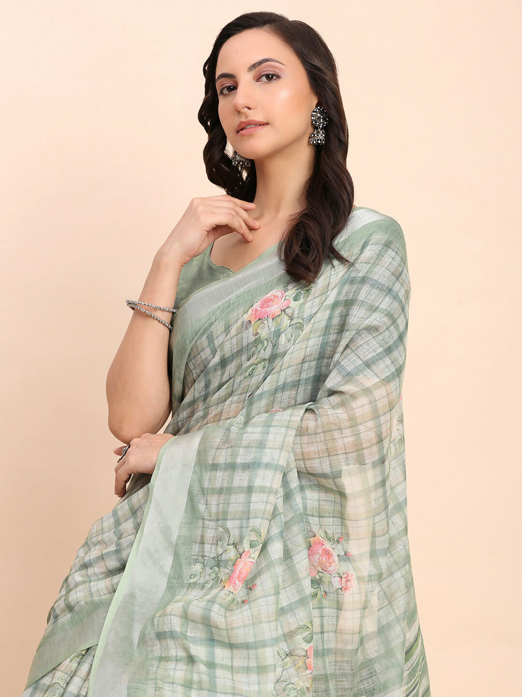 Shree Shyam Fashion Linen Cotton Light Green Saree | Grocsy