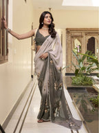 Vastranavya Chiku Weightless Marble Printed & Trim Lace Border Saree with Unstitched Blouse | Grocsy