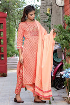 Yufta Women Peach Floral Mirror Work Pure Cotton Kurta with Trouser and Dupatta | Grocsy