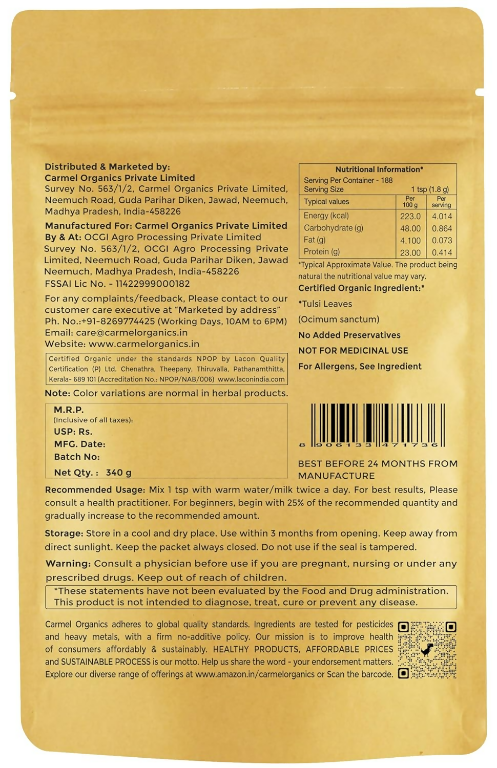 Carmel Organics Tulsi Leaves Powder | Grocsy