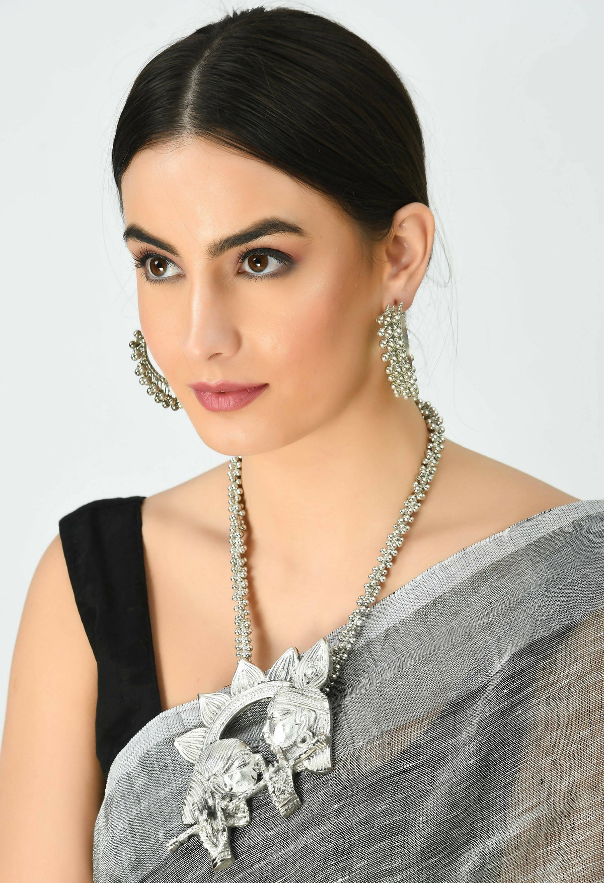 Mominos Fashion Johar Kamal Oxidised Silver-Plated Brass Finish Radha Kishan Long Necklace For Women (Silver) | Grocsy