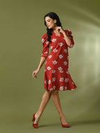 Myshka Women's Rust Printed Shirt Collar Fit and Flare Party Dress | Grocsy