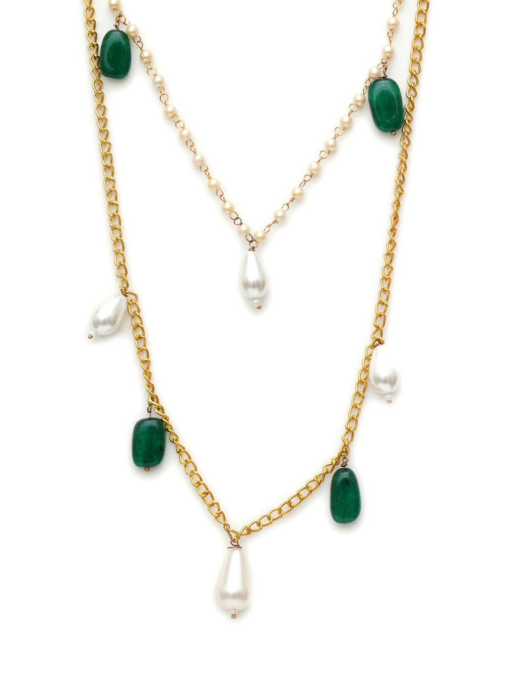 Layered Pearl and Gold Neckpiece with Emeralds (Gold) - Ruby Raang | Grocsy