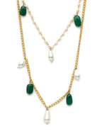 Layered Pearl and Gold Neckpiece with Emeralds (Gold) - Ruby Raang | Grocsy