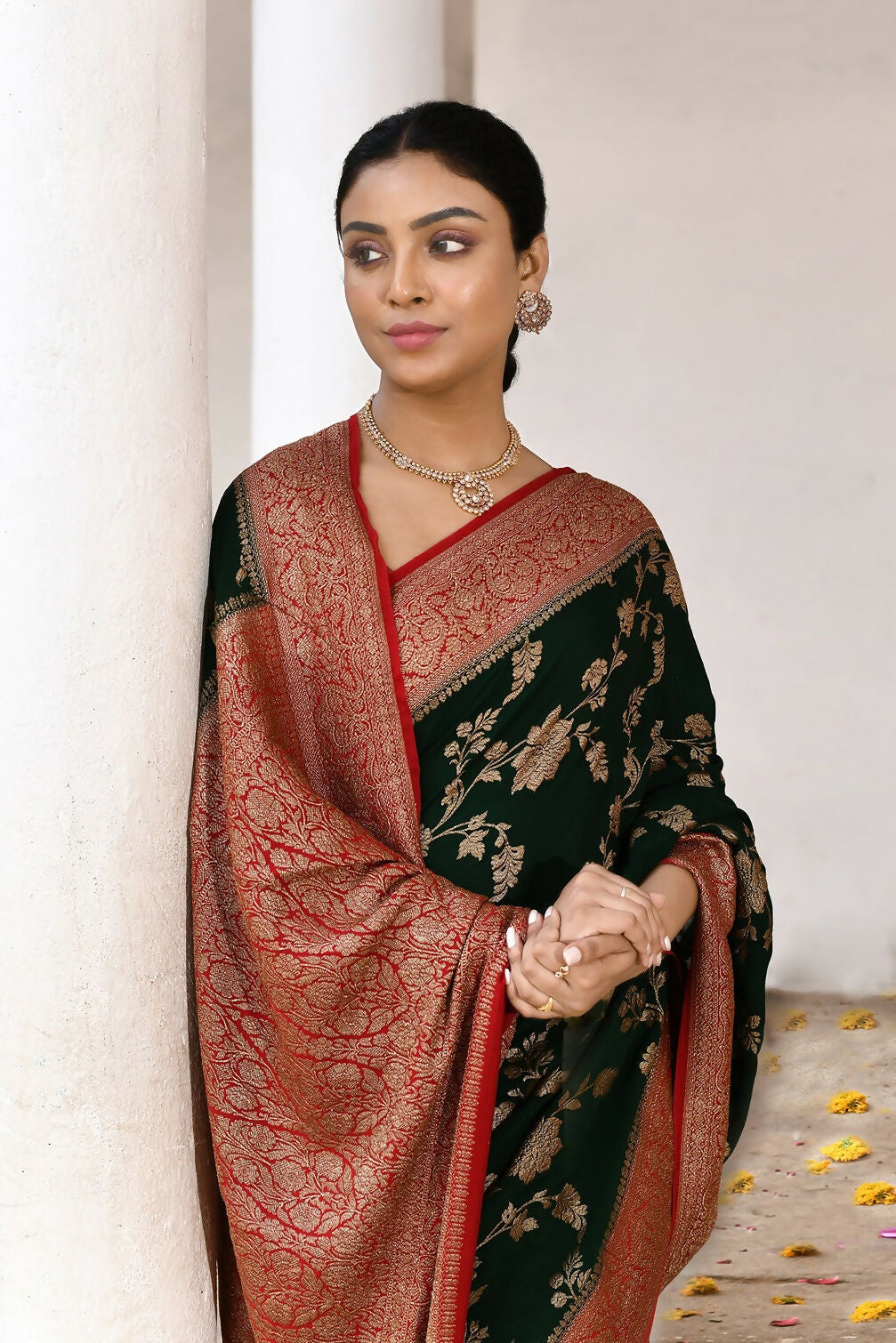 Joban Fashion Green Crepe Chiffon Pure Handloom Banarasi Silk Saree | Grocsy