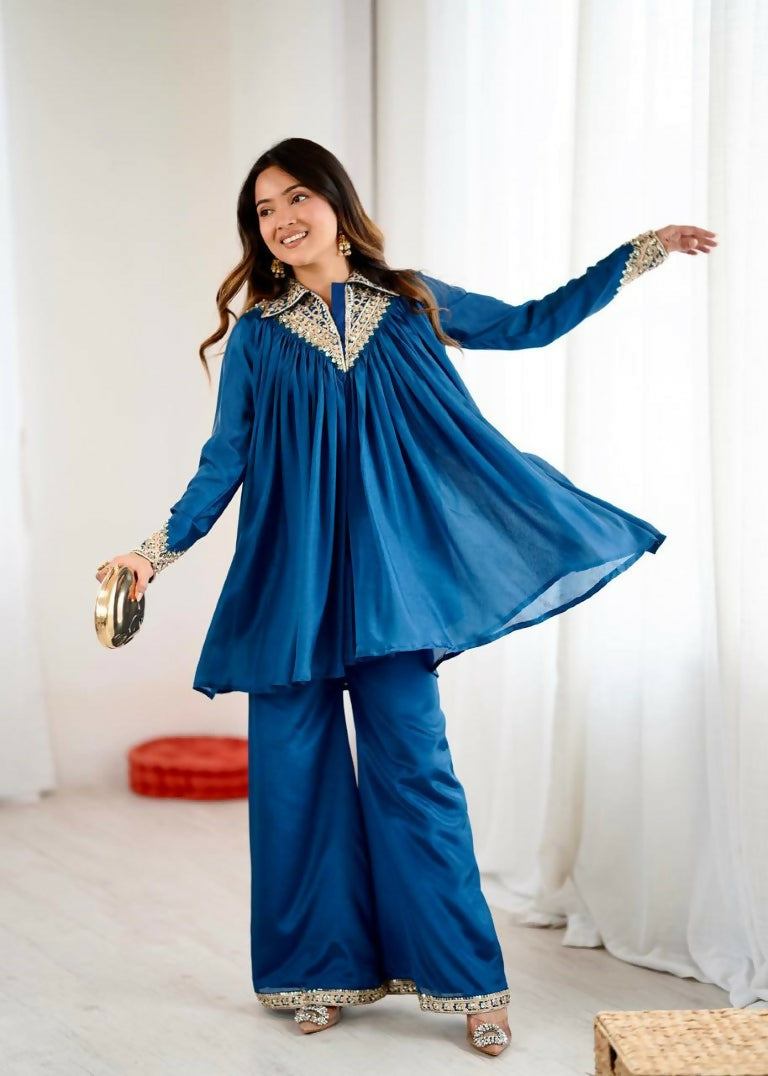 Teeya Creation Blue Heavy Chinnon Silk Embroidery Work Plazo pair | Grocsy