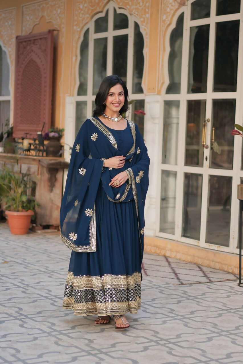 Vastranavya Premium Designer Faux Blooming with Embroidery Zari Sequins work Gown - Teal | Grocsy