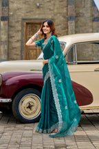 Vastranavya Rama Embroidery Work Shimmer Chiffon Saree with Unstitched Blouse | Grocsy