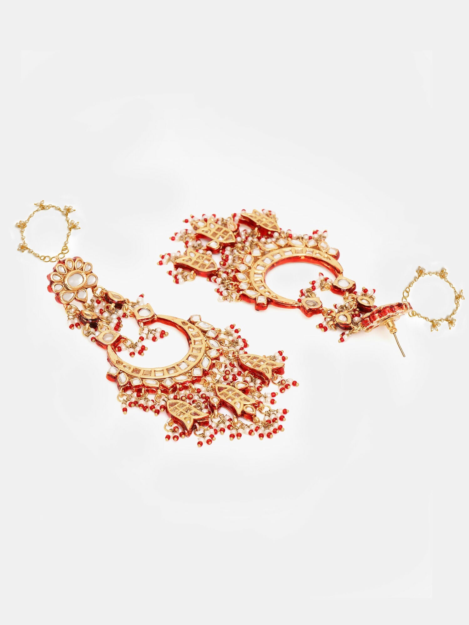 Ruby Raang 22k Gold Polished Kundan Chand Earrings With Ear Chains | Grocsy
