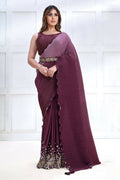 Wine Crepe satin silk Texture with Cord & Sequence Embroidered and Stone work Saree - Mohmanthan Majestica | Grocsy