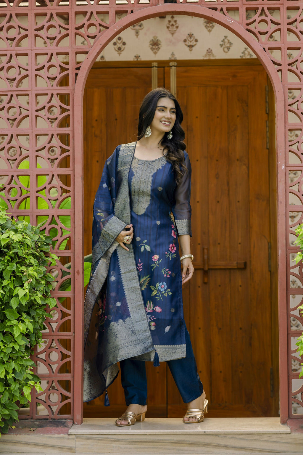 The52 Women's Beautiful Printed Work Jacquard Organza Fabric Straight Kurta Pant and Dupatta Set | Grocsy