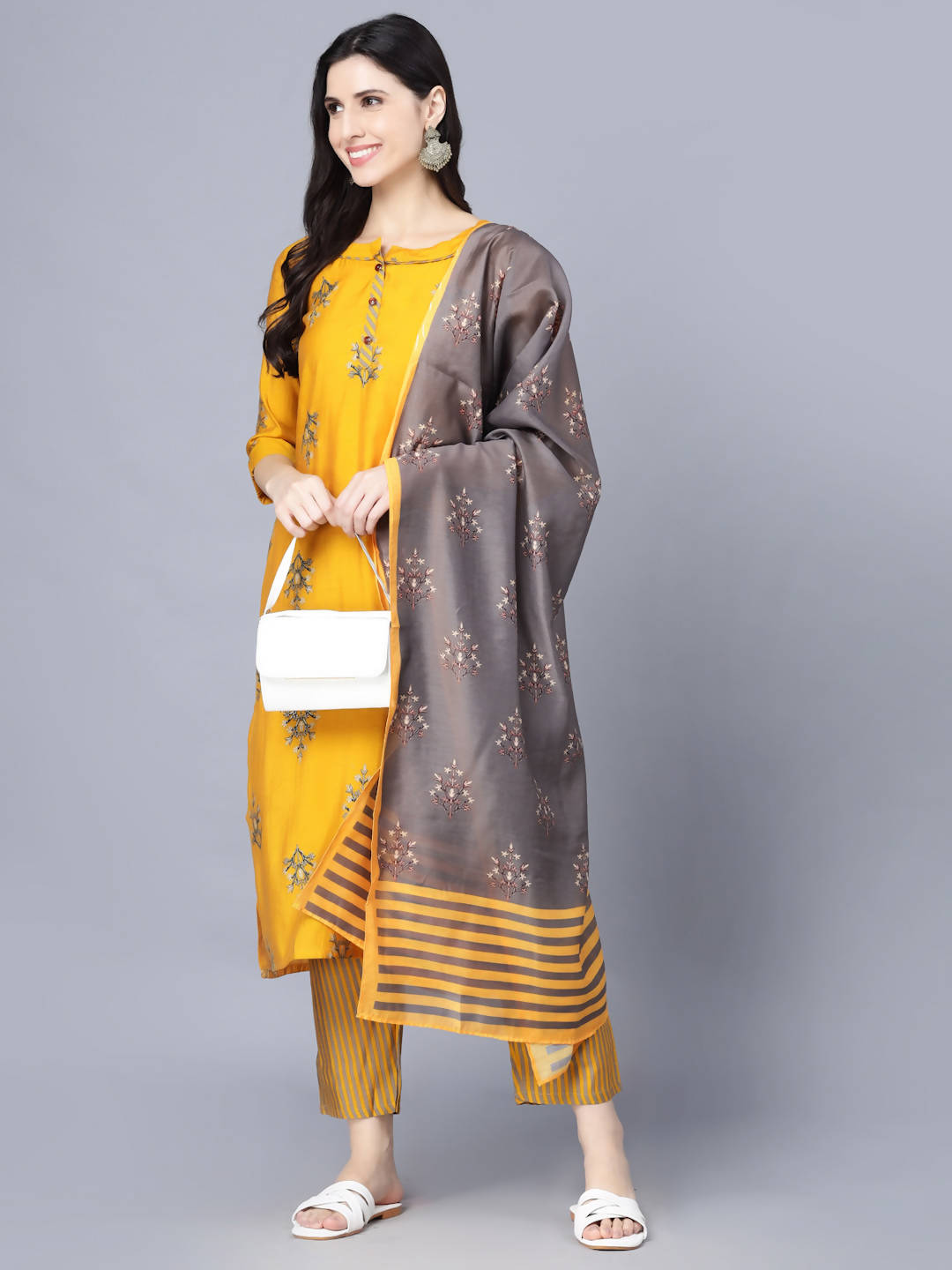 Myshka Women Mustard Yellow Ethnic Motifs Embroidered Panelled Kurti with Trousers With Dupatta | Grocsy