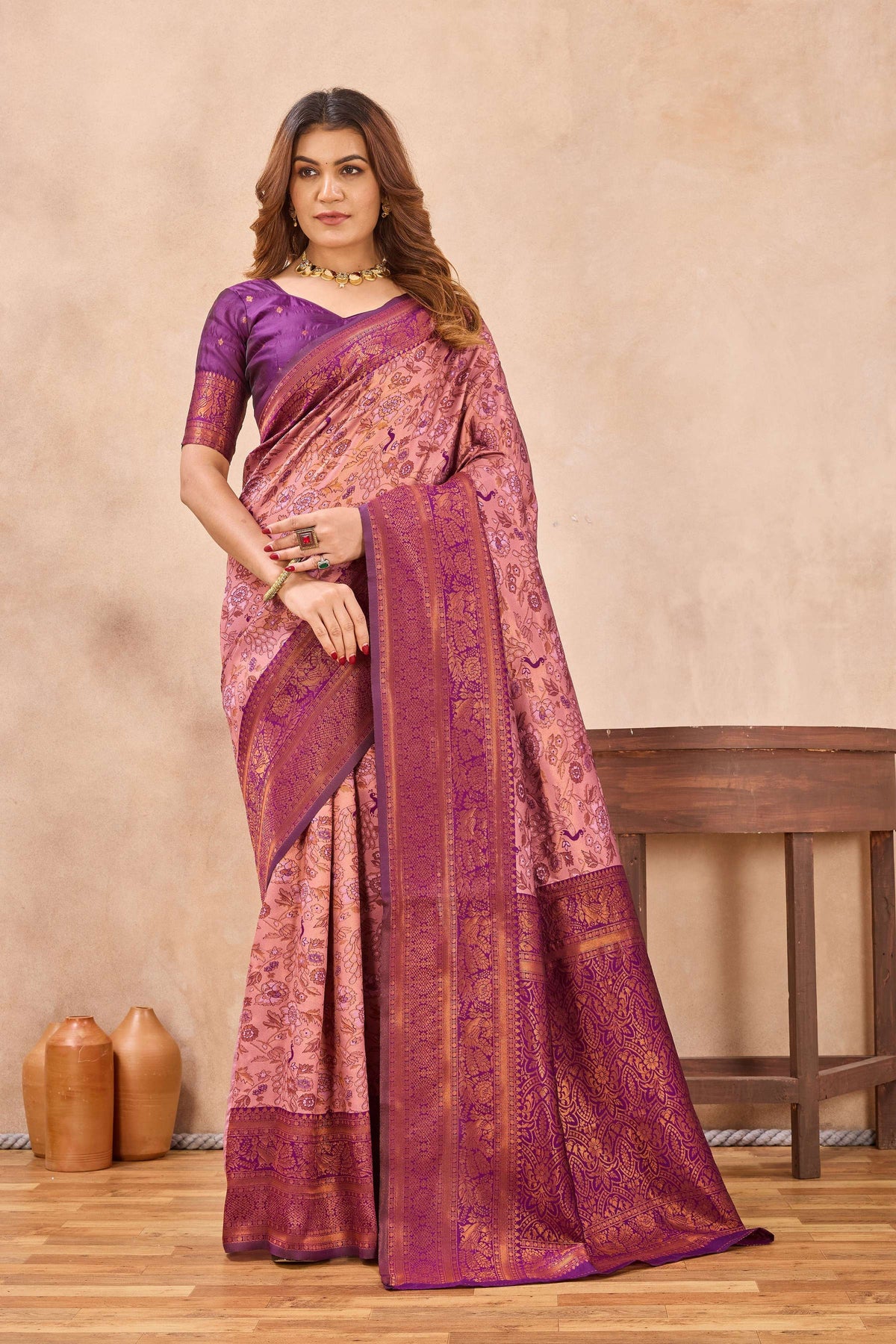 Divine International Trading Co Light Pink Soft Silk Blend Banarasi Jacuard Work Designer Party Wear Saree With Unstitched Blouse Piece | Grocsy