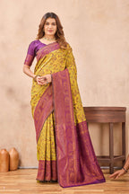 Divine International Trading Co Mustard Wine Soft Silk Blend Banarasi Jacuard Work Designer Party Wear Saree With Unstitched Blouse Piece | Grocsy