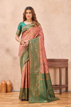 Divine International Trading Co Peach Green Soft Silk Blend Banarasi Jacuard Work Designer Party Wear Saree With Unstitched Blouse Piece | Grocsy