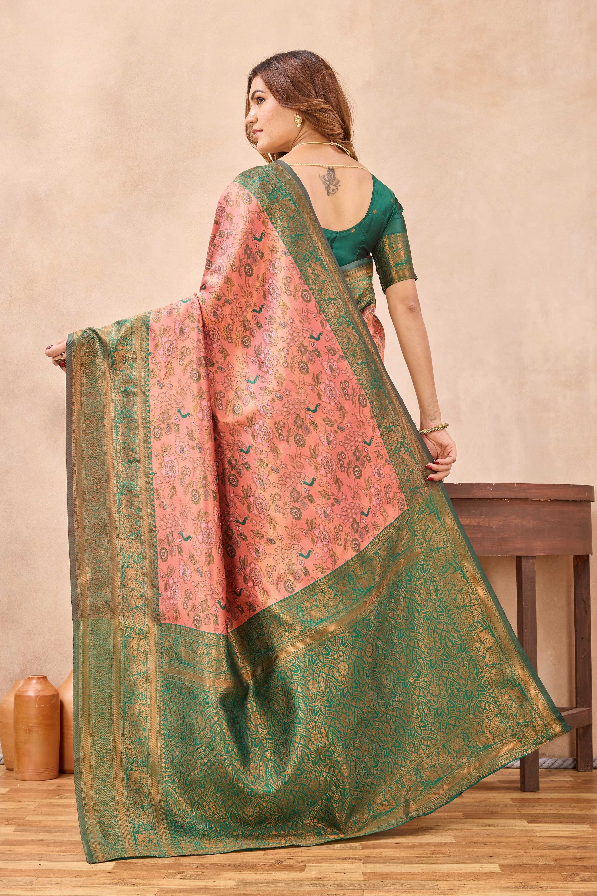 Divine International Trading Co Peach Green Soft Silk Blend Banarasi Jacuard Work Designer Party Wear Saree With Unstitched Blouse Piece | Grocsy