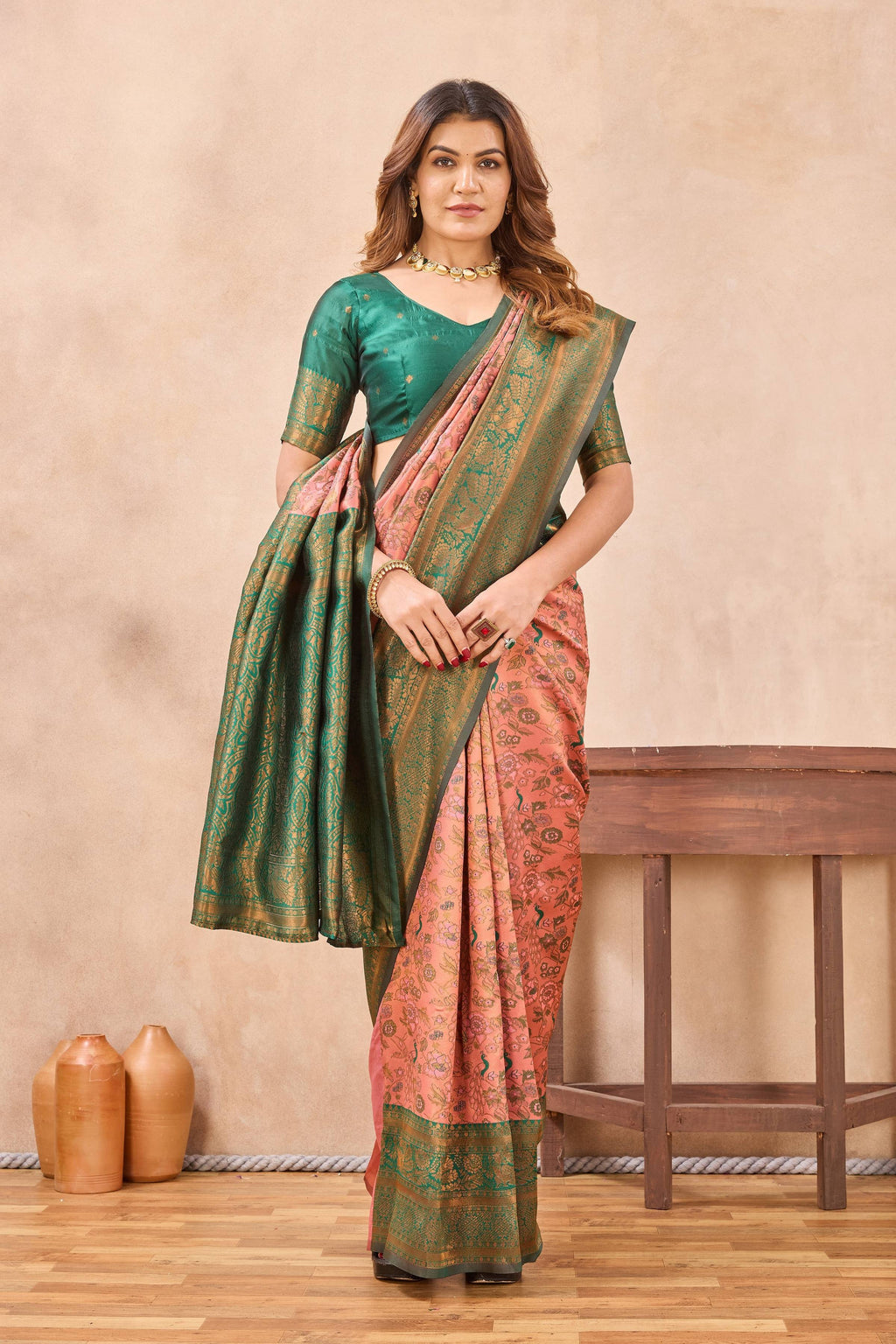 Divine International Trading Co Peach Green Soft Silk Blend Banarasi Jacuard Work Designer Party Wear Saree With Unstitched Blouse Piece | Grocsy