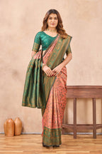 Divine International Trading Co Peach Green Soft Silk Blend Banarasi Jacuard Work Designer Party Wear Saree With Unstitched Blouse Piece | Grocsy