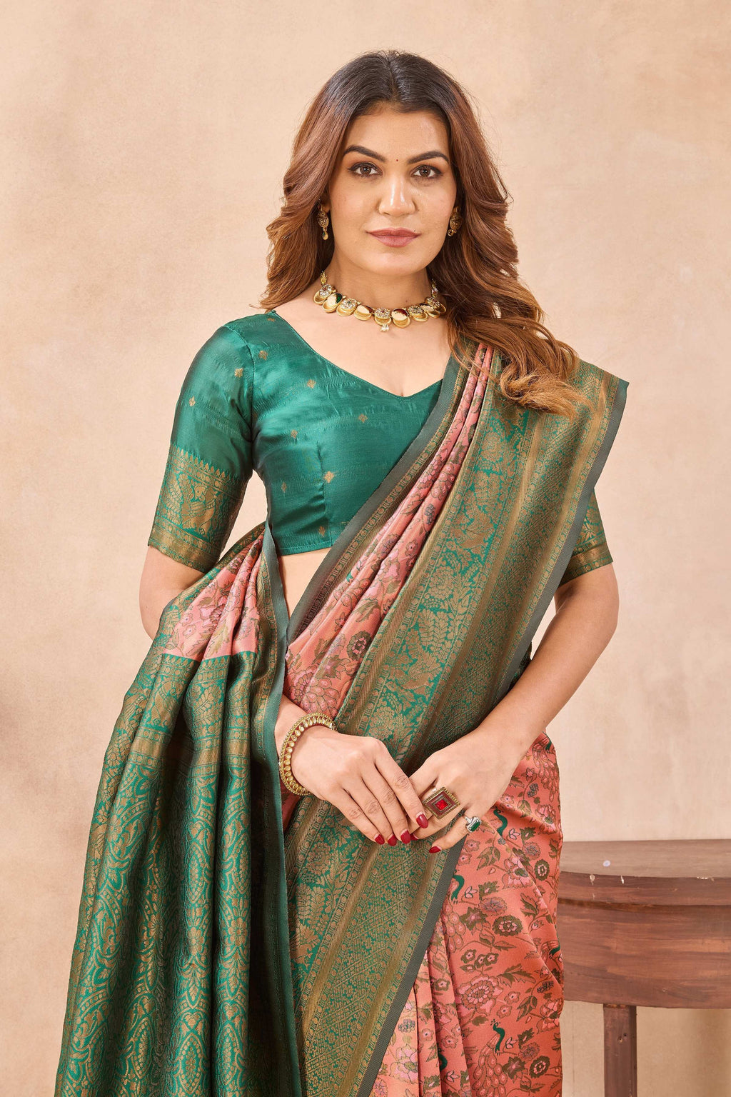 Divine International Trading Co Peach Green Soft Silk Blend Banarasi Jacuard Work Designer Party Wear Saree With Unstitched Blouse Piece | Grocsy