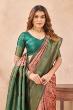 Divine International Trading Co Peach Green Soft Silk Blend Banarasi Jacuard Work Designer Party Wear Saree With Unstitched Blouse Piece | Grocsy
