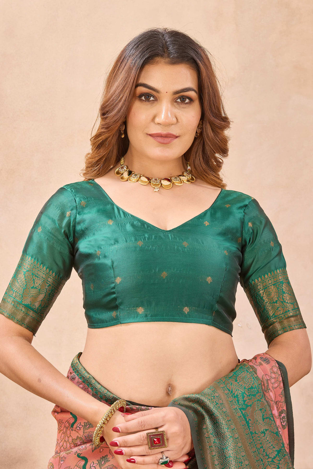 Divine International Trading Co Peach Green Soft Silk Blend Banarasi Jacuard Work Designer Party Wear Saree With Unstitched Blouse Piece | Grocsy