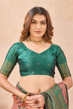 Divine International Trading Co Peach Green Soft Silk Blend Banarasi Jacuard Work Designer Party Wear Saree With Unstitched Blouse Piece | Grocsy