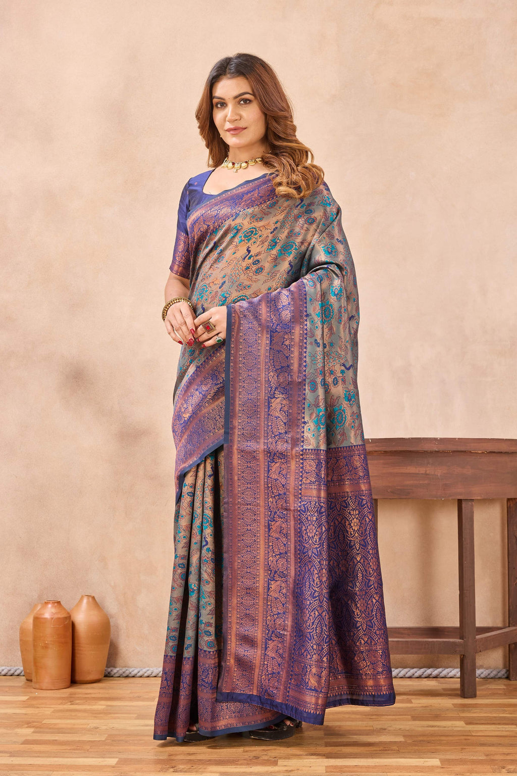 Divine International Trading Co Turquoise Blue Soft Silk Blend Banarasi Jacuard Work Designer Party Wear Saree With Unstitched Blouse Piece | Grocsy