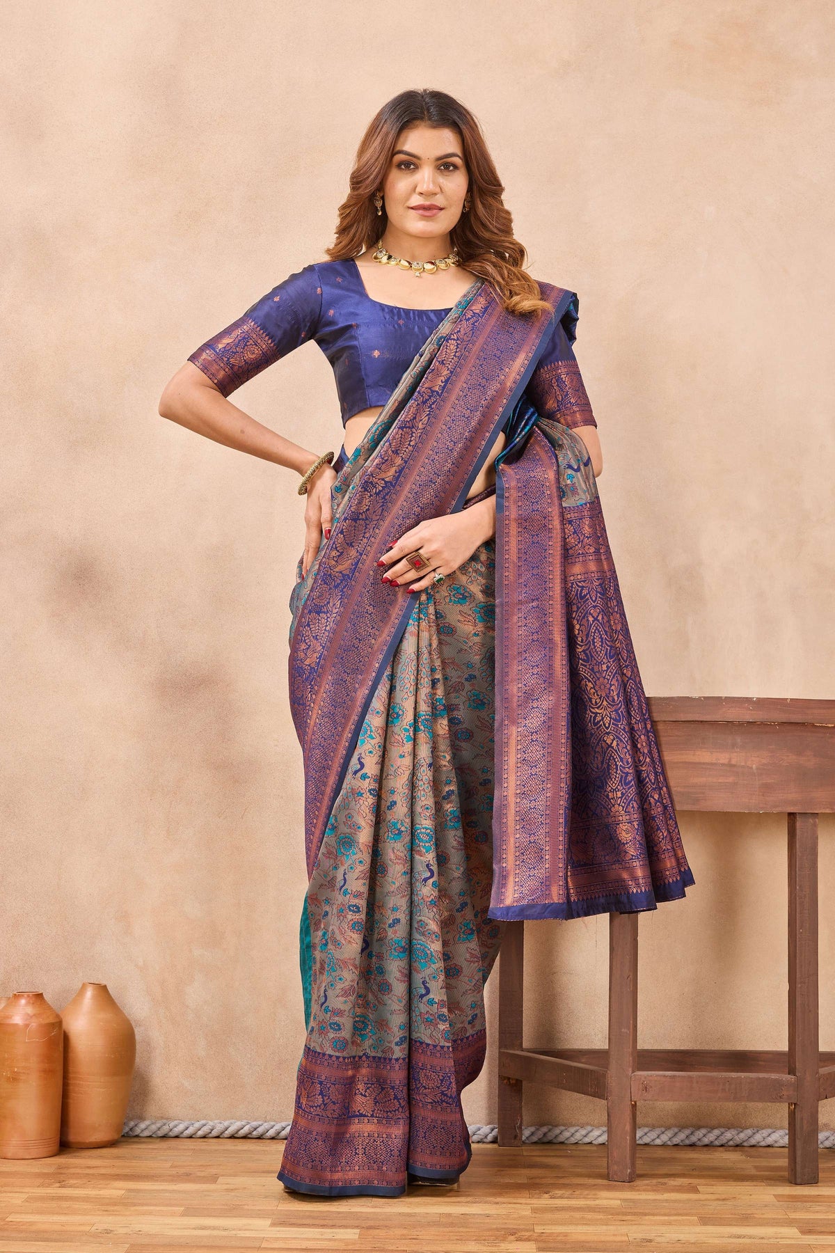 Divine International Trading Co Turquoise Blue Soft Silk Blend Banarasi Jacuard Work Designer Party Wear Saree With Unstitched Blouse Piece | Grocsy