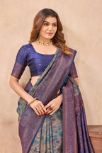 Divine International Trading Co Turquoise Blue Soft Silk Blend Banarasi Jacuard Work Designer Party Wear Saree With Unstitched Blouse Piece | Grocsy