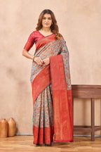 Divine International Trading Co Turquoise Red Soft Silk Blend Banarasi Jacuard Work Designer Party Wear Saree With Unstitched Blouse Piece | Grocsy