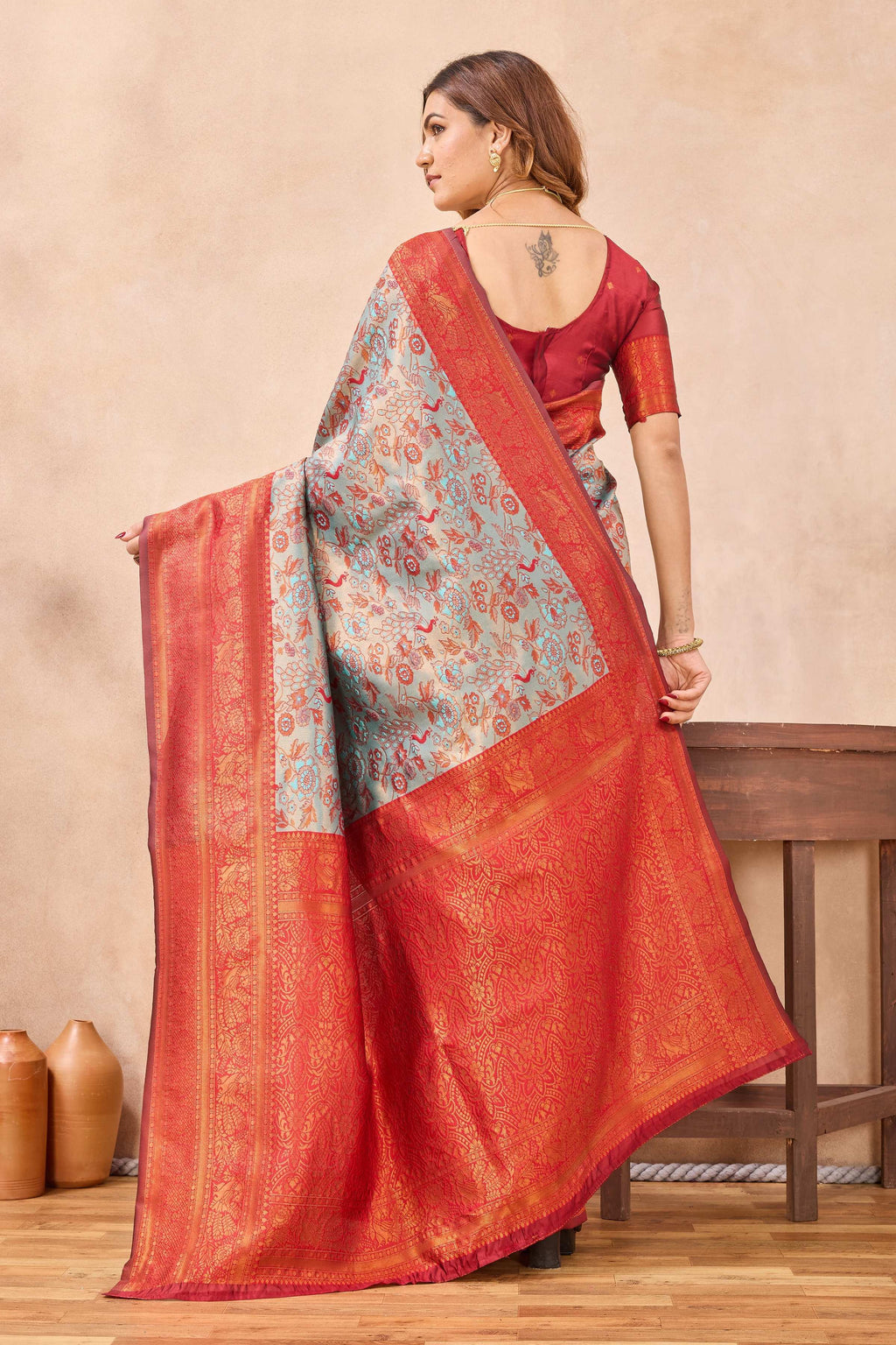 Divine International Trading Co Turquoise Red Soft Silk Blend Banarasi Jacuard Work Designer Party Wear Saree With Unstitched Blouse Piece | Grocsy