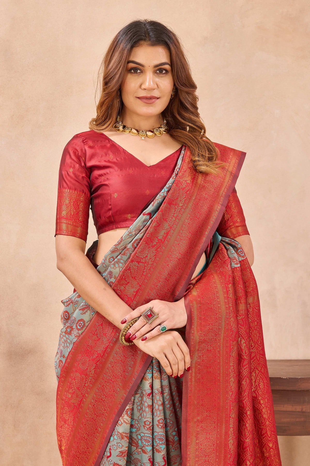 Divine International Trading Co Turquoise Red Soft Silk Blend Banarasi Jacuard Work Designer Party Wear Saree With Unstitched Blouse Piece | Grocsy