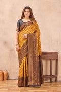 Divine International Trading Co Yellow Black Soft Silk Blend Banarasi Jacuard Work Designer Party Wear Saree With Unstitched Blouse Piece | Grocsy