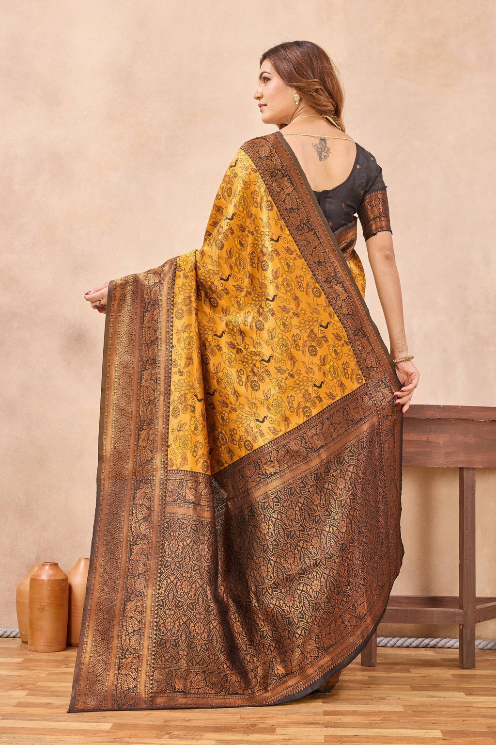 Divine International Trading Co Yellow Black Soft Silk Blend Banarasi Jacuard Work Designer Party Wear Saree With Unstitched Blouse Piece | Grocsy