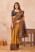 Divine International Trading Co Yellow Black Soft Silk Blend Banarasi Jacuard Work Designer Party Wear Saree With Unstitched Blouse Piece | Grocsy