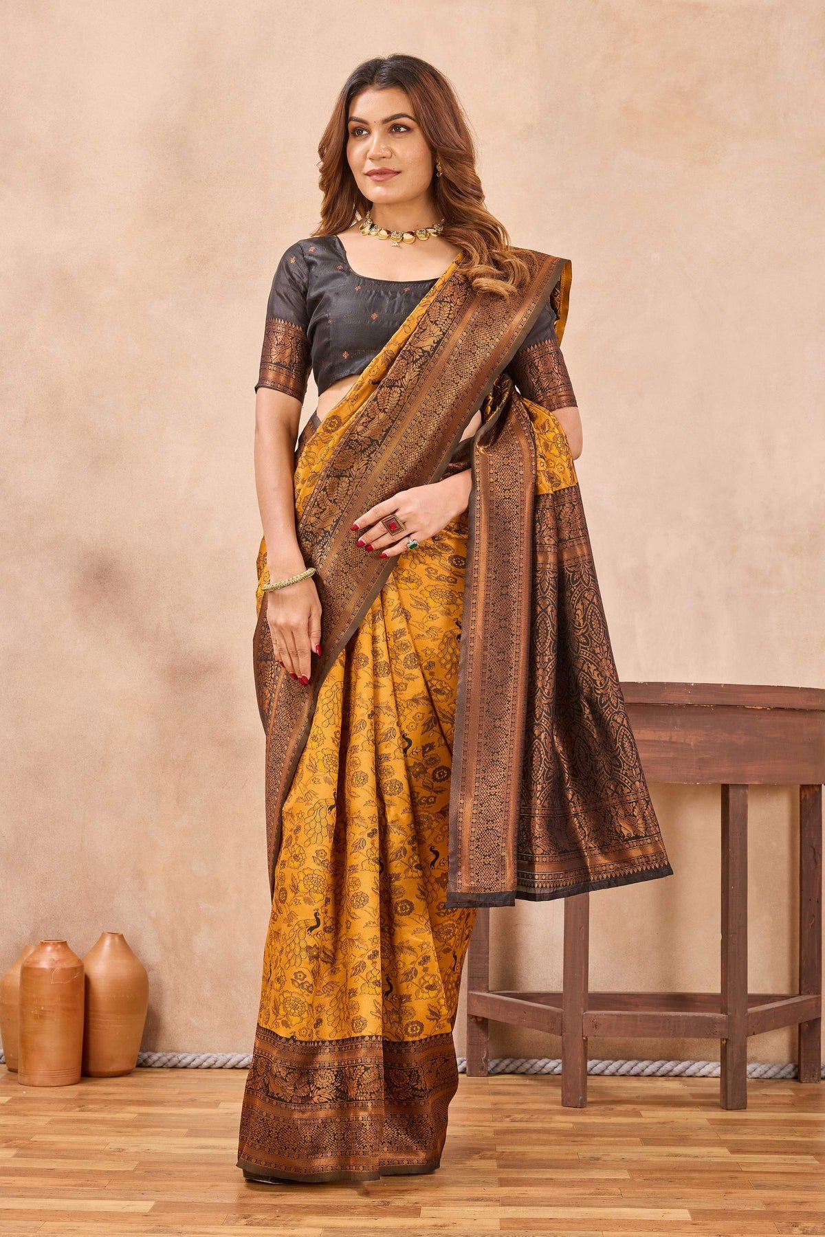 Divine International Trading Co Yellow Black Soft Silk Blend Banarasi Jacuard Work Designer Party Wear Saree With Unstitched Blouse Piece | Grocsy